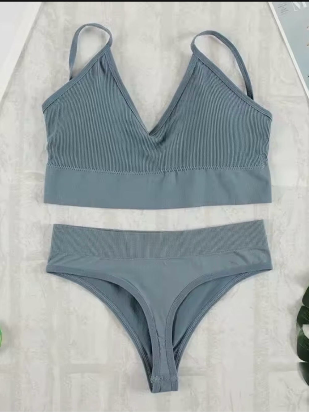 🌿 Ribbed Blue Bra & Thong Set